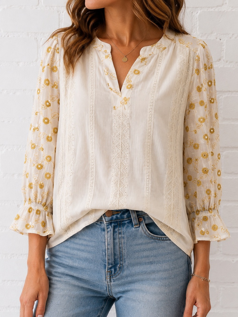 VOY Ivory Mustard Embroidered Eyelet Boho Blouse Top Size M